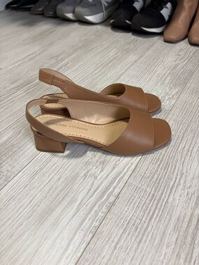 Adrienne Vittadini Tan Open-Toe Slingback Low Block Heels